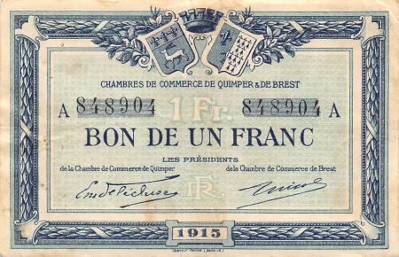 CHAMBRE DE COMMERCE  QUIMPER ET BREST - 1 FRANC 1915