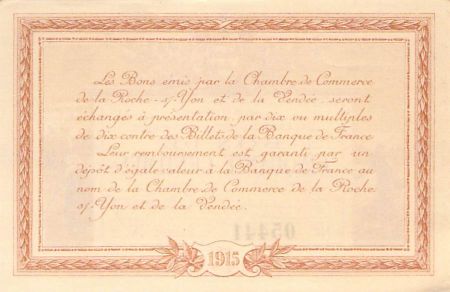 CHAMBRE DE COMMERCE DE LA ROCHE-SUR-YON ET VENDÉE - 50 CENTIMES 1915 - SPL