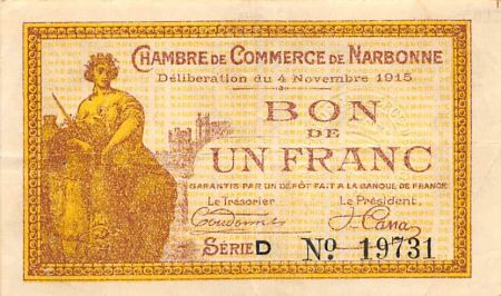 CHAMBRE DE COMMERCE DE NARBONNE - 1 FRANC 1915 - SÉRIE D