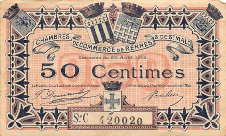 CHAMBRE DE COMMERCE DE RENNES ET SAINT-MALO - 50 CENTIMES 1915 - TTB
