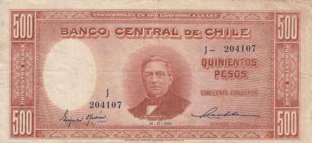 Chili 500 Pesos -  M. Montt 1945 Série J - P.106 - SUP