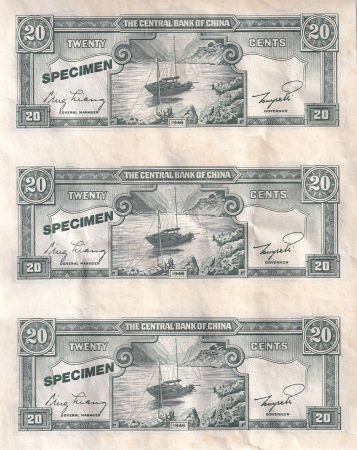 Chine Planche de trois billets de 20 Cents - Tchang Kai-chek - Bateau - Spécimen - 1946 - P.395A