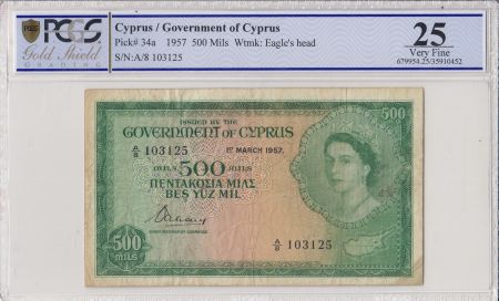 Chypre 500 Mils Elisabeth II - 1957 - PCGS VF 25