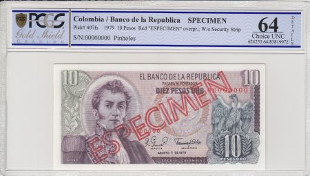 Colombie 10 Pesos de Oro de Oro, A. Narino, condor - Site archéologique - 1979 - Spécimen - PCGS 64