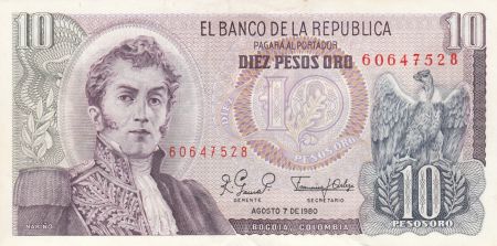 Colombie 10 Pesos oro ,Général Narino- 07-08-1980 - Série AZ