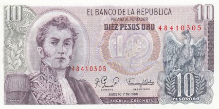 Colombie 10 Pesos oro, Général Narino- 1980