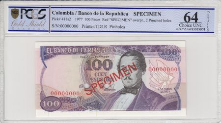 Colombie 100 Pesos oro, Santander - Capitol  -  1977 - Spécimen - PCGS 64