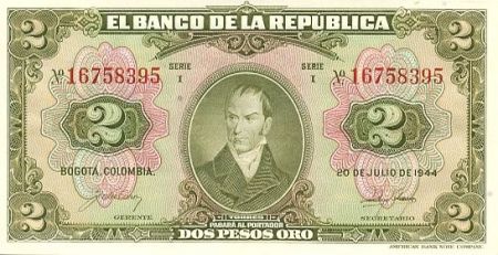 Colombie 2 Pesos oro, C. Torres - 1944