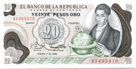 Colombie 20 Pesos de Oro de Oro, F. J. de Caldas, mapmonde - 1982