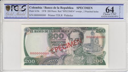 Colombie 200 Pesos oro, Simon Bolivar -  1978 - Spécimen -  PCGS 64