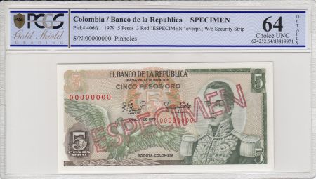 Colombie 5 Pesos de Oro de Oro, Condor, José Maria Cordoba - 1979 - Spécimen - PCGS 64