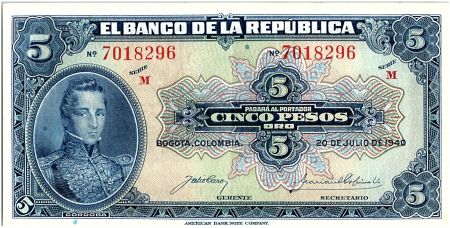 Colombie 5 Pesos Oro, Gal Cordoba - 1940 - SPL