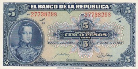 Colombie 5 Pesos Oro, Gal Cordoba - 1944 - SPL - P.386c