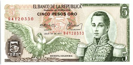 Colombie 5 Pesos Oro, José Maria Cordoba - 1977