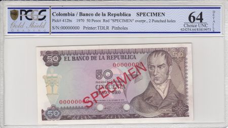 Colombie 50 Pesos oro, Camillo Torres - Orchidées -  1970 - Spécimen -  PCGS 64