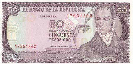 Colombie 50 Pesos oro, Camillo Torres - Orchidées - 1986