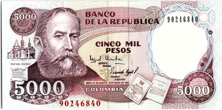 Colombie 5000 Pesos, Rafael Núñez - statue de M Antonio Caro - 1994