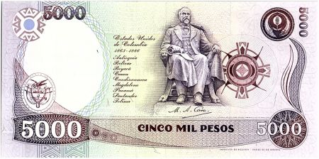 Colombie 5000 Pesos, Rafael Núñez - statue de M Antonio Caro - 1994