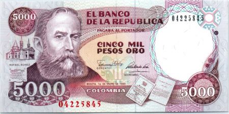 Colombie 5000 Pesos Rafael Núñez - Estatue de Miguel Antonio Caro - 1990