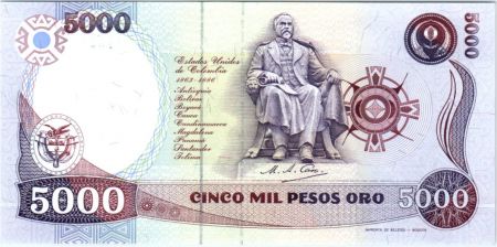 Colombie 5000 Pesos Rafael Núñez - Estatue de Miguel Antonio Caro - 1990