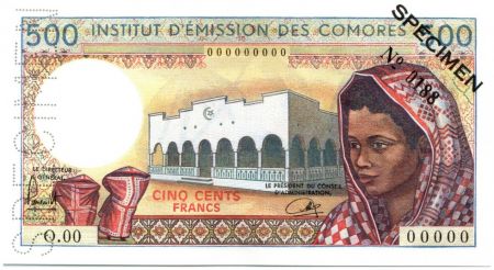 Comores 500 Francs Femme - Batiment - Spécimen