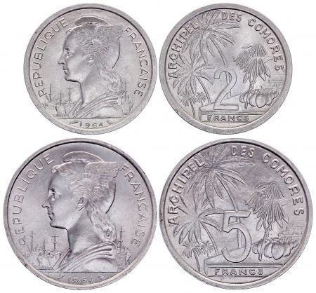 Comores Lot 2 et 5 Francs - Marianne - 1964 - SPL - Aluminium