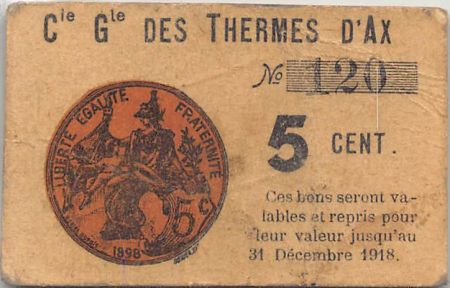 COMPAGNIE GENERALE DES THERMES D\'AX - 5 CENTIMES 1918 - TTB