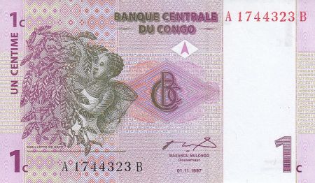 Congo (RDC) 1 Centime 1997- Cueillette du café, Volcan