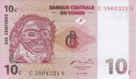 Congo (RDC) 10 Centimes 1997 - Masque Pende, Danseurs