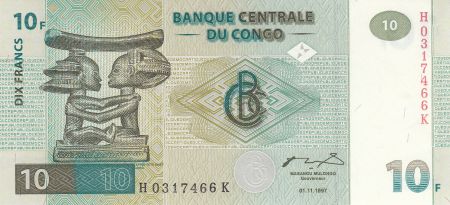 Congo (RDC) 10 Francs 1997 - Sculptures Luba en bois - HdM