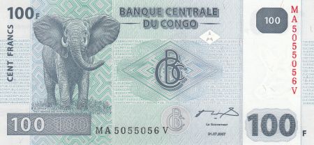 Congo (RDC) 100 Francs 2007 - Eléphant, barrage hydraulique - HdM