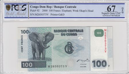 Congo (RDC) 100 Francs Eléphant - Barrage 2000 - PCGS 67 OPQ