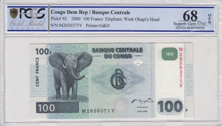 Congo (RDC) 100 Francs Eléphant - Barrage 2000 - PCGS 68 OPQ