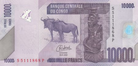 Congo (RDC) 10000 Francs - Statue - Gnou, oiseaux - 2022