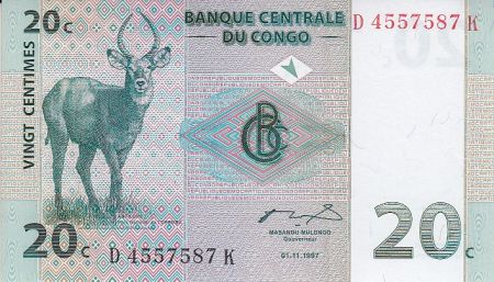 Congo (RDC) 20 Centimes 1997 - Antilope, Troupeau
