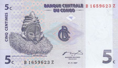 Congo (RDC) 5 Centimes 1997 - Masque Suku, Harpe Zandé
