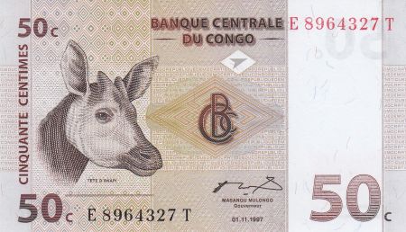 Congo (RDC) 50 Centimes 1997 - Okapis