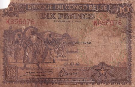 Congo Belge 10 Francs - Danse - Soldats - 10-07-1942 - Lettre K - P.14B