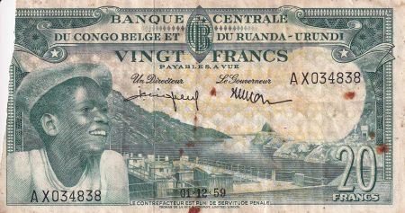 Congo Belge 20 Francs - Jeune Garçon -  Barrage - 1959 - AB - P.31