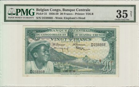 Congo Belge 20 Francs, Jeune Garçon, Barrage - 1956 - PMG VF 35