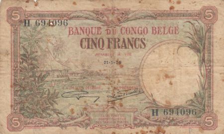Congo Belge 5 Francs 21-01-1929 - p.TB - P.8e