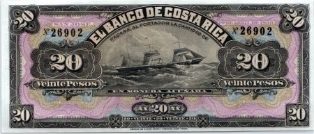 Costa Rica 20 Pesos Bateau - Portrait  - 1899