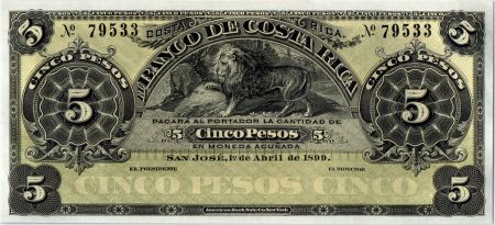 Costa Rica 5 Pesos Lion  - 1899
