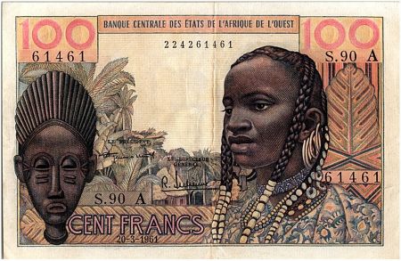 Côte d\'Ivoire 100 Francs, masque  20-03-1961 - Côte d\'ivoire - Série S.90 A - TTB +  -P.101 Aa