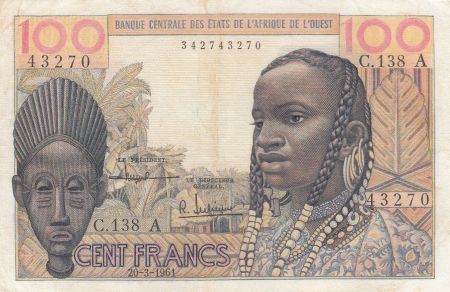 Côte d\'Ivoire 100 Francs masque 1961 - Côte d\'ivoire - Série C.138