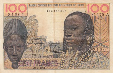 Côte d\'Ivoire 100 Francs masque 1961 litho - Côte d\'ivoire - Série C.175