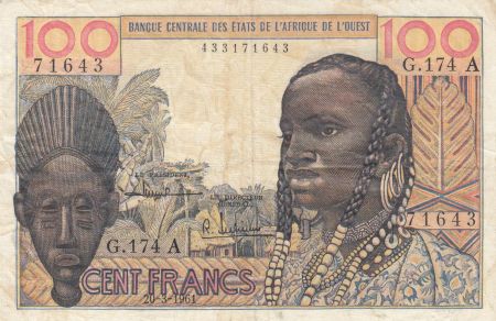 Côte d\'Ivoire 100 Francs masque 1961 litho - Côte d\'ivoire - Série G.174