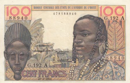 Côte d\'Ivoire 100 Francs masque 1961 litho - Côte d\'ivoire - Série G.192
