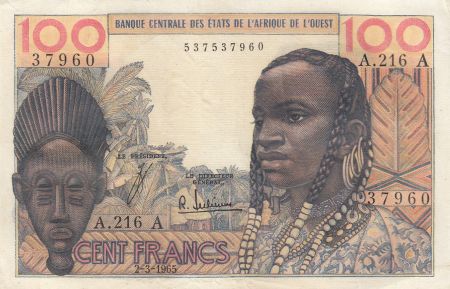 Côte d\'Ivoire 100 Francs masque 1965 - Côte d\'ivoire - Série A.216