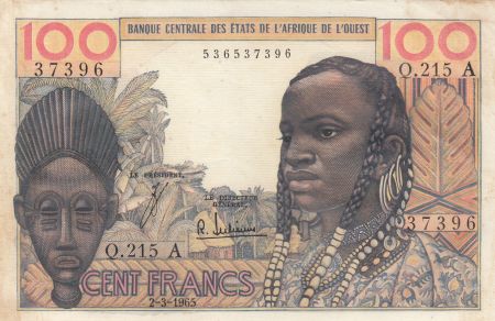 Côte d\'Ivoire 100 Francs masque 1965 - Côte d\'ivoire - Série Q.215